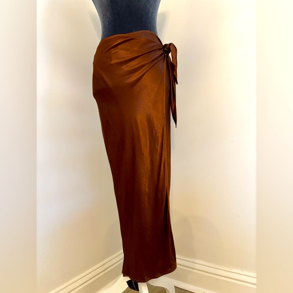 Enza Costa Satin Wrap Skirt In Saddle Brown Size 0/Xs - Picture 2 of 16